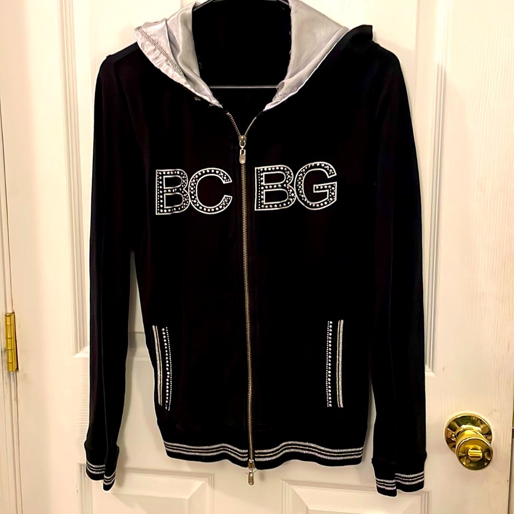 Black BCBG MAXAZRIA Rhinestone Zip Up Hoodie with silver accent, size L